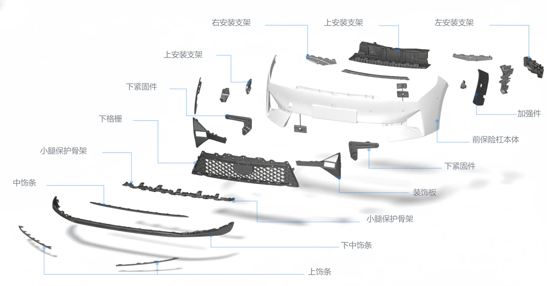 Front bumper exploded assembly with engineering annotations